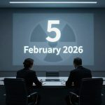 Two people sit at a round conference table in a dimly lit room, facing a large screen displaying "5 February 2026" with a nuclear symbol. Two model rockets stand in the background.