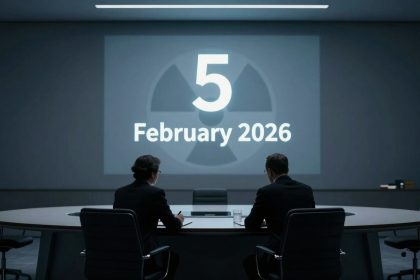 Two people sit at a round conference table in a dimly lit room, facing a large screen displaying "5 February 2026" with a nuclear symbol. Two model rockets stand in the background.