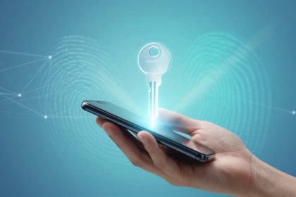A hand holding a smartphone with a glowing digital key emerging from the screen, set against a blue background with fingerprint and network graphics.