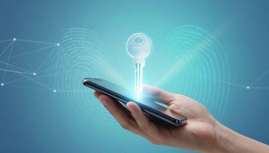 A hand holding a smartphone with a glowing digital key emerging from the screen, set against a blue background with fingerprint and network graphics.