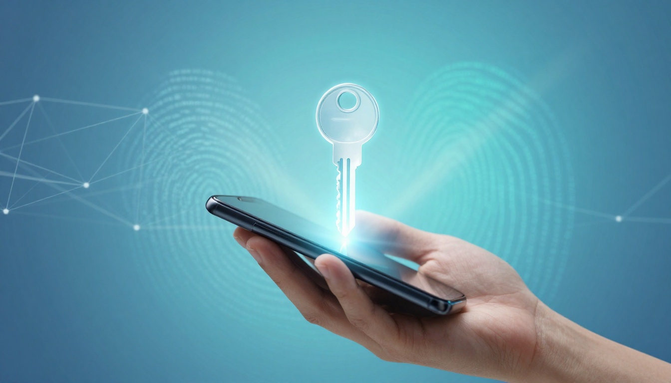 A hand holding a smartphone with a glowing digital key emerging from the screen, set against a blue background with fingerprint and network graphics.