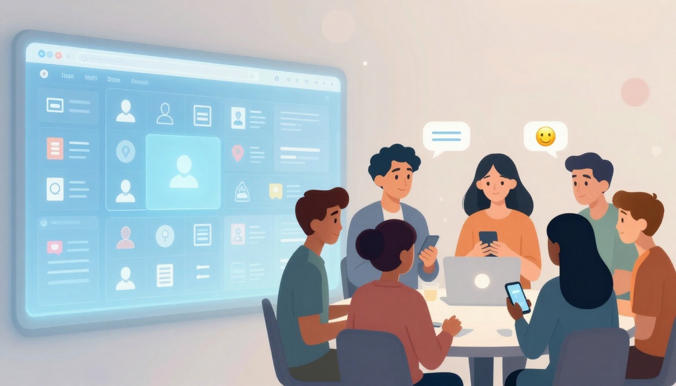 A group of six people sitting around a table with laptops and smartphones, discussing. A large digital screen displays icons and profiles. Speech bubbles and emoji are visible, indicating communication.