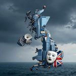 A surreal map of the United Kingdom composed of skyscrapers, satellites, and a theater mask, set against a stormy sky and ocean.