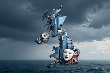 A surreal map of the United Kingdom composed of skyscrapers, satellites, and a theater mask, set against a stormy sky and ocean.