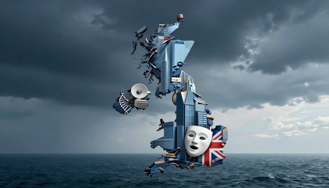 A surreal map of the United Kingdom composed of skyscrapers, satellites, and a theater mask, set against a stormy sky and ocean.