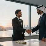 Two men in suits shake hands in an office with large windows overlooking a river at sunset. A stack of money and documents are on the desk.