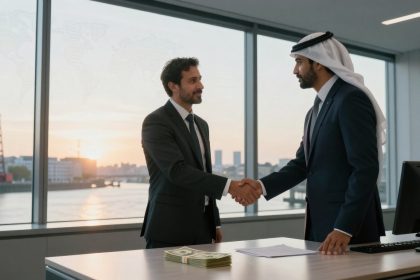 Two men in suits shake hands in an office with large windows overlooking a river at sunset. A stack of money and documents are on the desk.