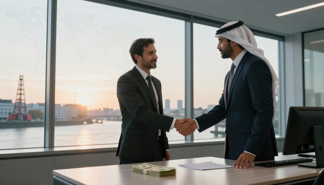 Two men in suits shake hands in an office with large windows overlooking a river at sunset. A stack of money and documents are on the desk.