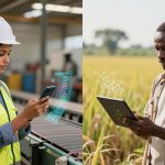 The image is split into two scenes. On the left, a woman in a hard hat and yellow safety vest is using a smartphone in a factory, with digital graphics hovering above the device. On the right, a man in a field is using a tablet, with digital graphics appearing above it. Both scenes depict the use of technology in different work environments.