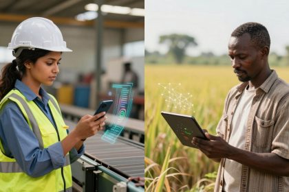 The image is split into two scenes. On the left, a woman in a hard hat and yellow safety vest is using a smartphone in a factory, with digital graphics hovering above the device. On the right, a man in a field is using a tablet, with digital graphics appearing above it. Both scenes depict the use of technology in different work environments.