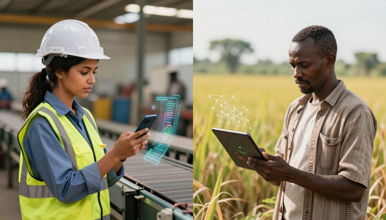 The image is split into two scenes. On the left, a woman in a hard hat and yellow safety vest is using a smartphone in a factory, with digital graphics hovering above the device. On the right, a man in a field is using a tablet, with digital graphics appearing above it. Both scenes depict the use of technology in different work environments.