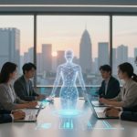 Six people in business attire sit around a conference table with laptops. A glowing, translucent hologram of a humanoid figure stands on the table. A cityscape is visible through large windows in the background.