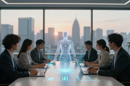 Six people in business attire sit around a conference table with laptops. A glowing, translucent hologram of a humanoid figure stands on the table. A cityscape is visible through large windows in the background.