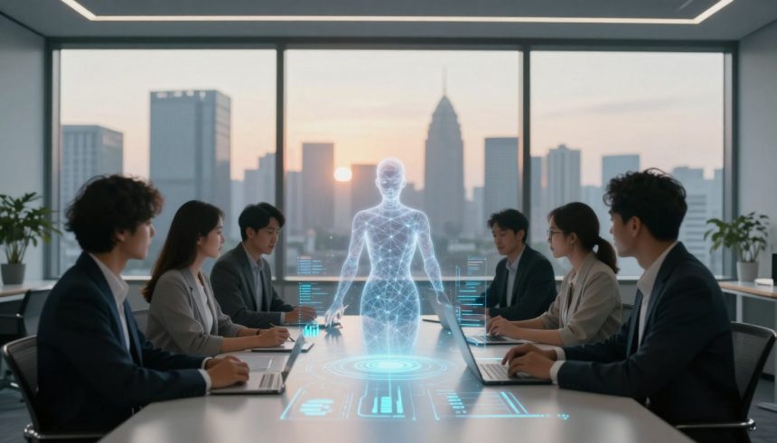 Six people in business attire sit around a conference table with laptops. A glowing, translucent hologram of a humanoid figure stands on the table. A cityscape is visible through large windows in the background.