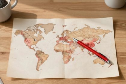 A world map with brown and red tones lies on a wooden table. A red pen is placed diagonally across the map. A steaming cup of coffee is on the top left, and a ruler is partially visible on the bottom left.
