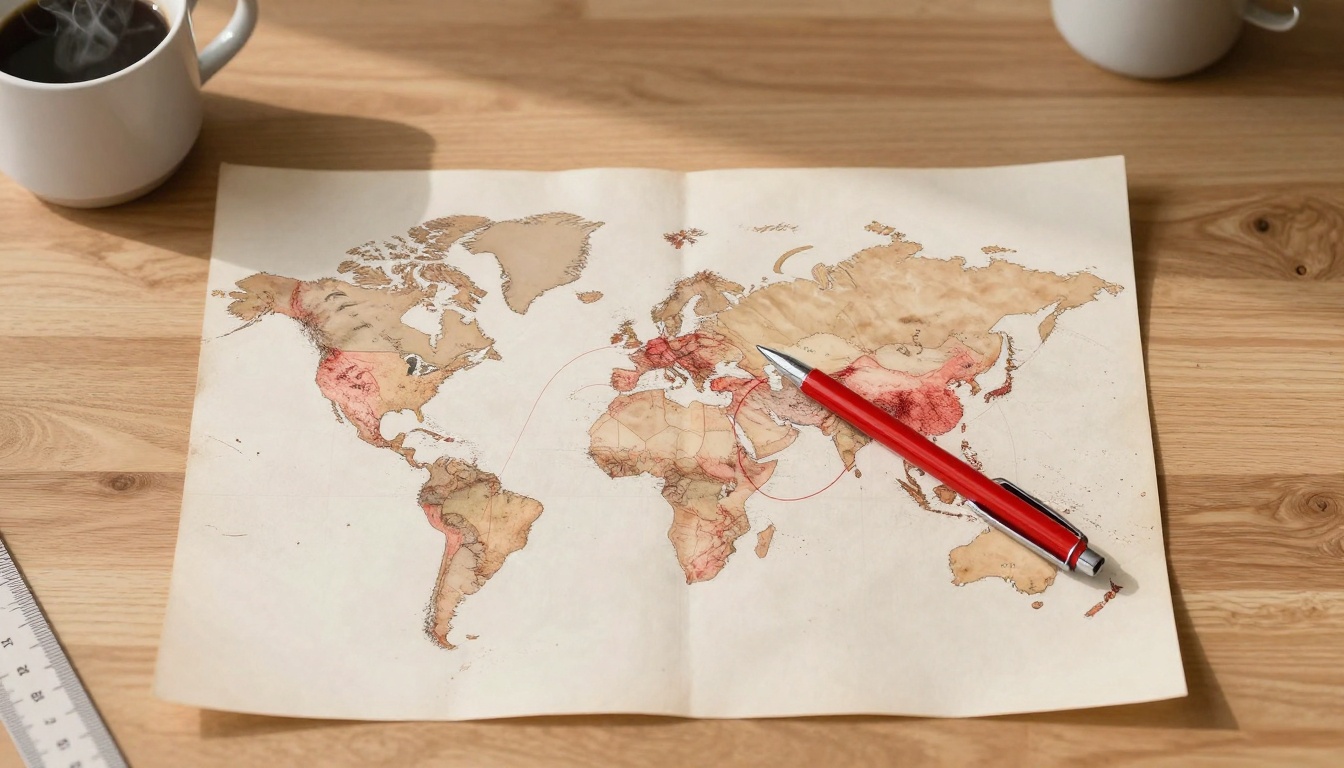 A world map with brown and red tones lies on a wooden table. A red pen is placed diagonally across the map. A steaming cup of coffee is on the top left, and a ruler is partially visible on the bottom left.
