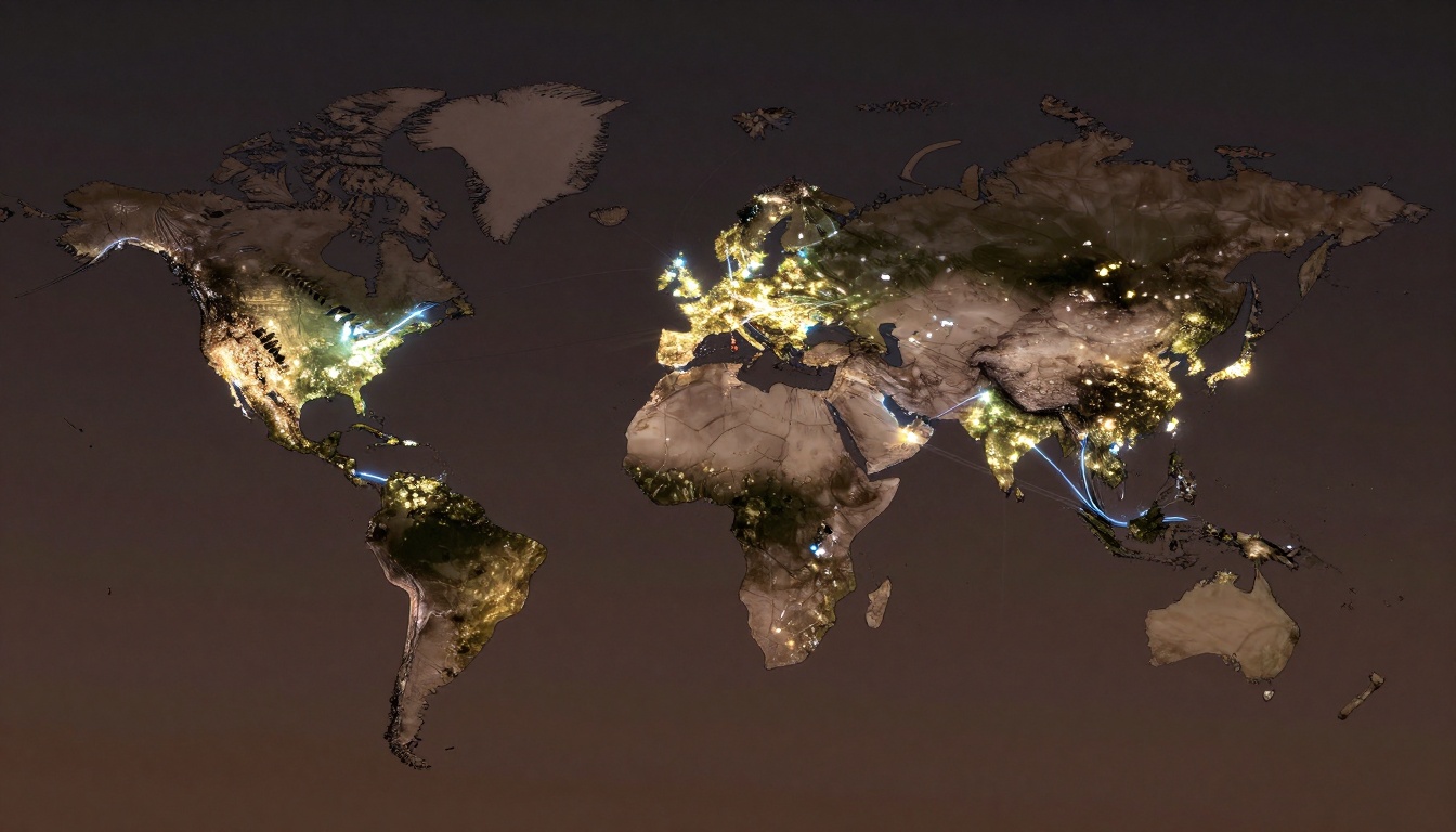 World map depicting continents at night with illuminated city lights. Bright clusters are visible in North America, Europe, and Asia, with some connecting lines.