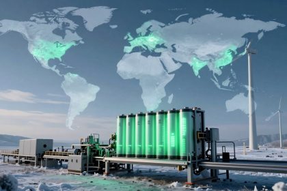 A futuristic energy facility in a snowy landscape, with large green-lit cylindrical tanks and wind turbines. A glowing world map overlays the sky.