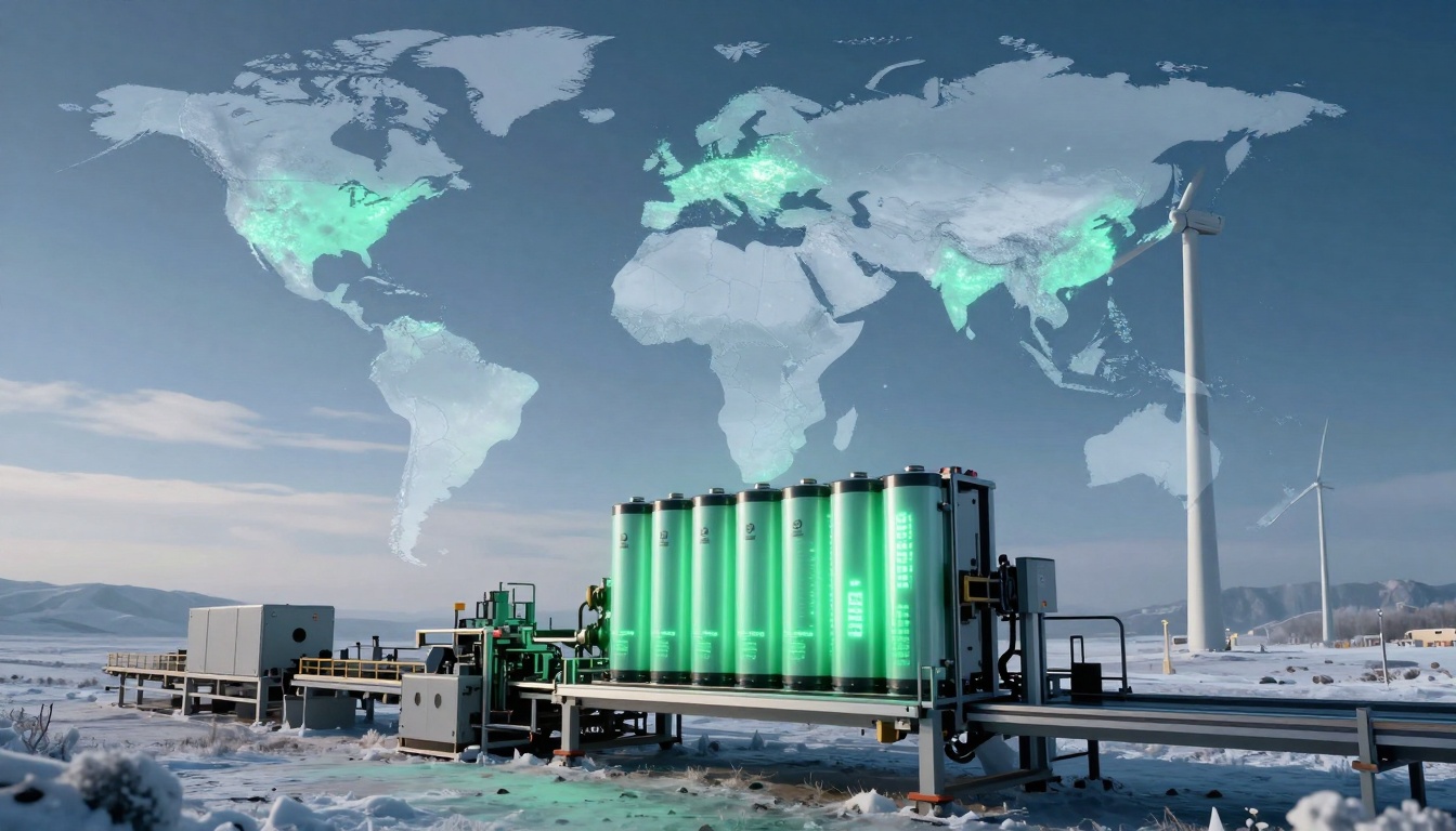 A futuristic energy facility in a snowy landscape, with large green-lit cylindrical tanks and wind turbines. A glowing world map overlays the sky.