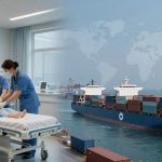 A composite image showing two scenes: on the left, two nurses in blue scrubs and masks attend to a child on a hospital bed in a bright room; on the right, a large cargo ship loaded with containers is docked at a port, with a map of the world in the sky above.