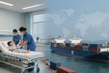 A composite image showing two scenes: on the left, two nurses in blue scrubs and masks attend to a child on a hospital bed in a bright room; on the right, a large cargo ship loaded with containers is docked at a port, with a map of the world in the sky above.