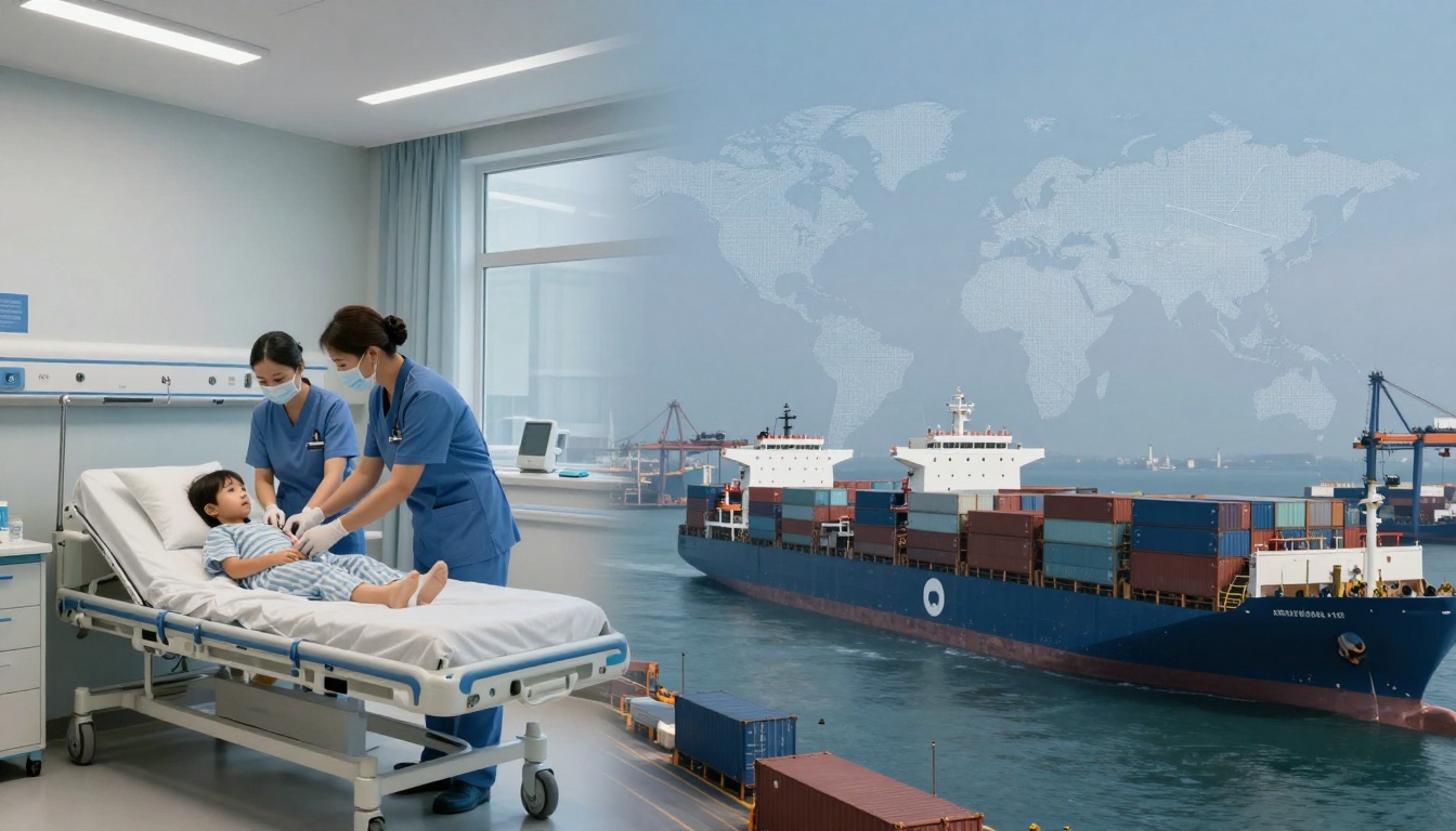 A composite image showing two scenes: on the left, two nurses in blue scrubs and masks attend to a child on a hospital bed in a bright room; on the right, a large cargo ship loaded with containers is docked at a port, with a map of the world in the sky above.