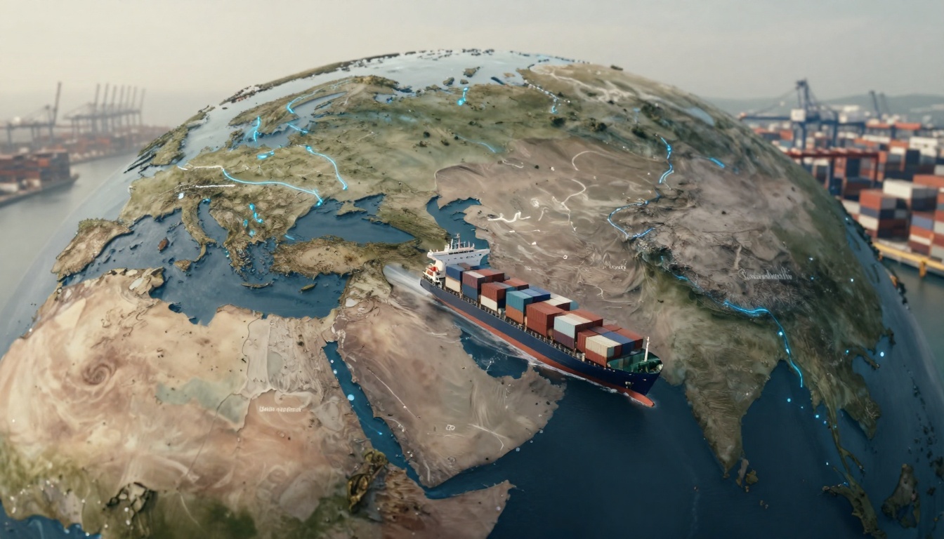 A large container ship sails on a stylized globe, passing between Europe and Asia. The ship carries multicolored cargo containers. A port with cranes and stacked containers is visible in the background. Bright blue lines highlight routes on the globe.