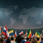 A crowd in a stadium holds various national flags. Above, a world map is projected with Olympic rings, under bright stadium lights.