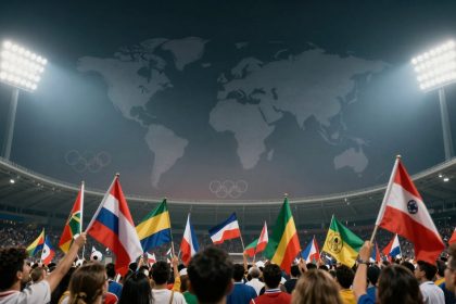 A crowd in a stadium holds various national flags. Above, a world map is projected with Olympic rings, under bright stadium lights.