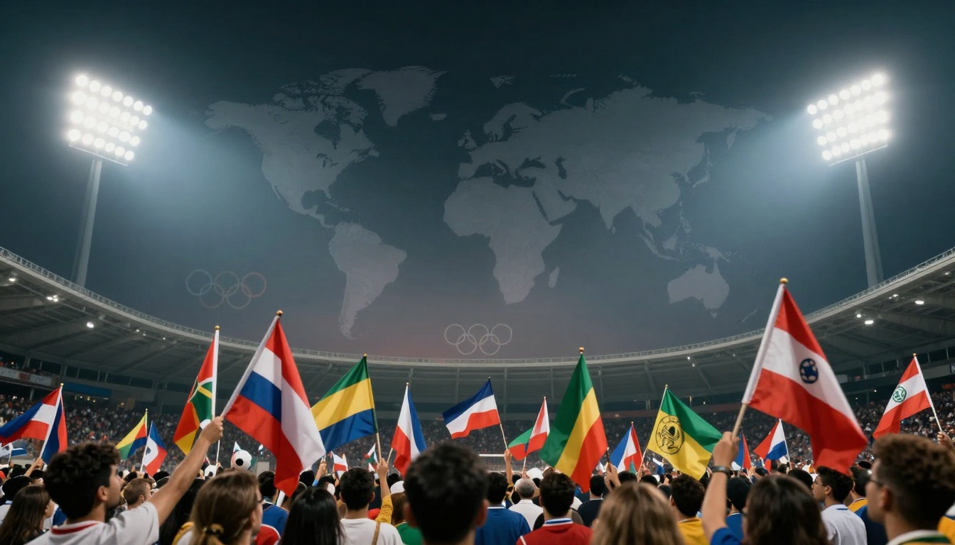 A crowd in a stadium holds various national flags. Above, a world map is projected with Olympic rings, under bright stadium lights.