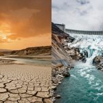 Split image showing climate extremes: left side with cracked, dry earth under an orange sky; right side with a glacier melting into a turquoise river beneath a dam.