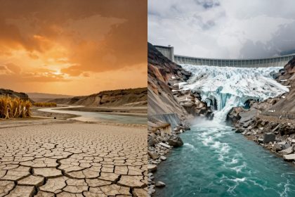 Split image showing climate extremes: left side with cracked, dry earth under an orange sky; right side with a glacier melting into a turquoise river beneath a dam.