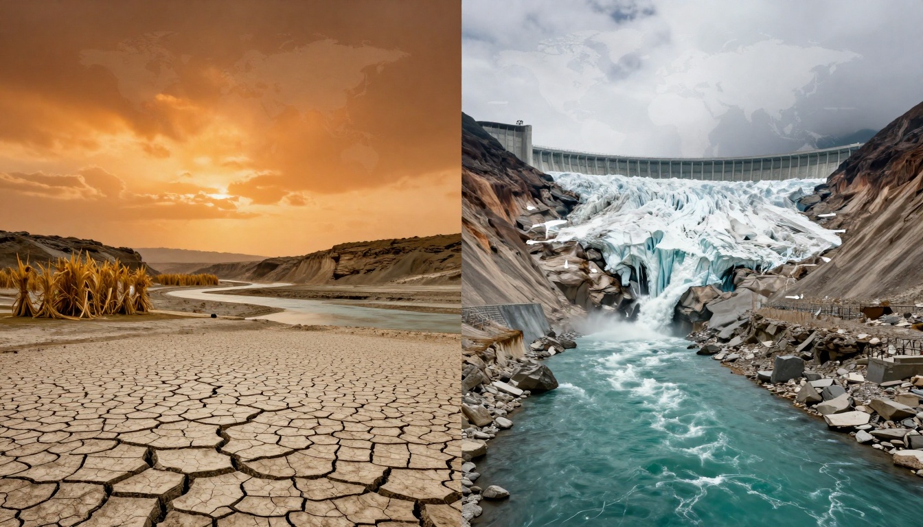 Split image showing climate extremes: left side with cracked, dry earth under an orange sky; right side with a glacier melting into a turquoise river beneath a dam.
