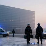 Police officers in helmets stand near two police vans with blue lights on, in front of a large, foggy office building at sunrise. Papers lie on the ground.