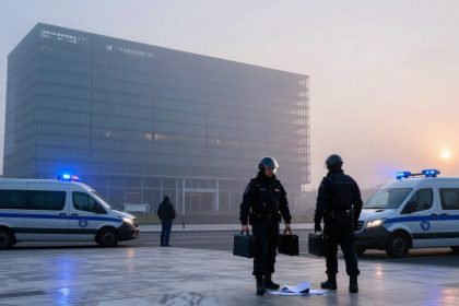 Police officers in helmets stand near two police vans with blue lights on, in front of a large, foggy office building at sunrise. Papers lie on the ground.