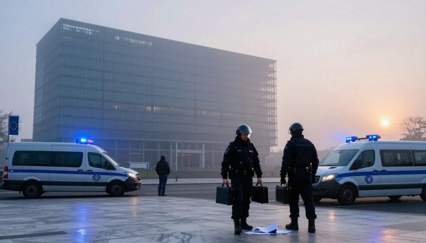 Police officers in helmets stand near two police vans with blue lights on, in front of a large, foggy office building at sunrise. Papers lie on the ground.