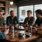 Six men sit around a wooden table in a bar, with beer bottles and cans scattered. One holds a phone displaying a woman's photo.