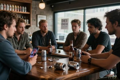 Six men sit around a wooden table in a bar, with beer bottles and cans scattered. One holds a phone displaying a woman's photo.