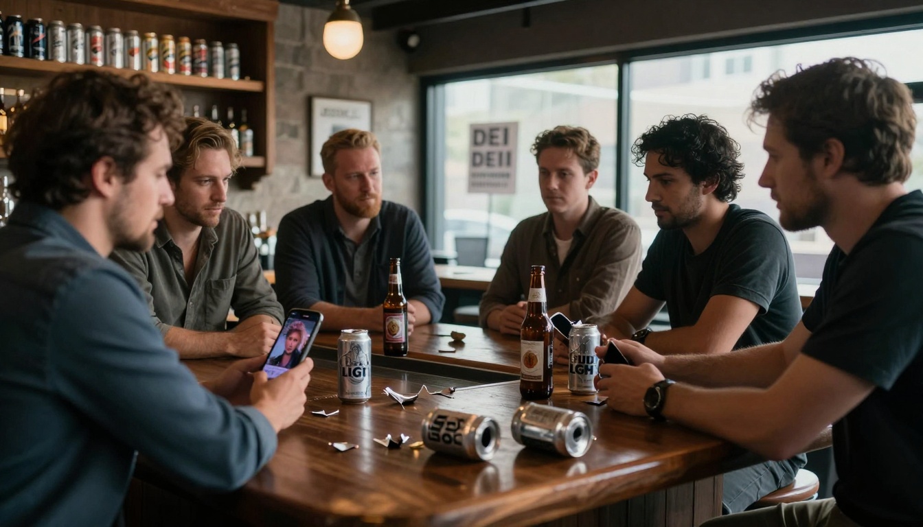 Six men sit around a wooden table in a bar, with beer bottles and cans scattered. One holds a phone displaying a woman's photo.