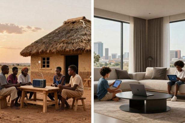 On the left, four people sit outside a thatched hut in a rural setting with a solar-powered radio on a wooden table. On the right, two children use digital tablets in a modern living room with large windows and cityscape views.