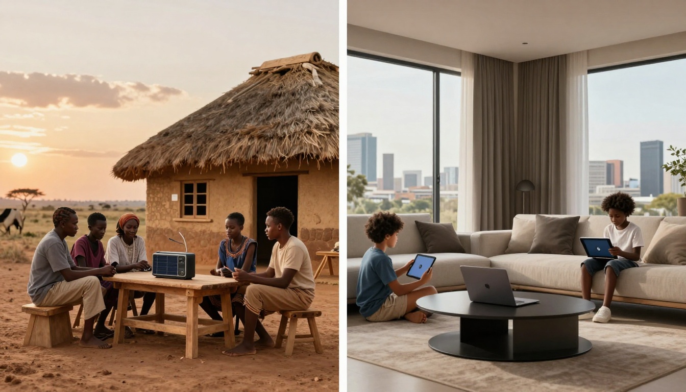 On the left, four people sit outside a thatched hut in a rural setting with a solar-powered radio on a wooden table. On the right, two children use digital tablets in a modern living room with large windows and cityscape views.