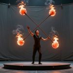 A performer balances a large cross-shaped fire staff with four flaming ends on a circular stage. The background is a dark draped curtain.