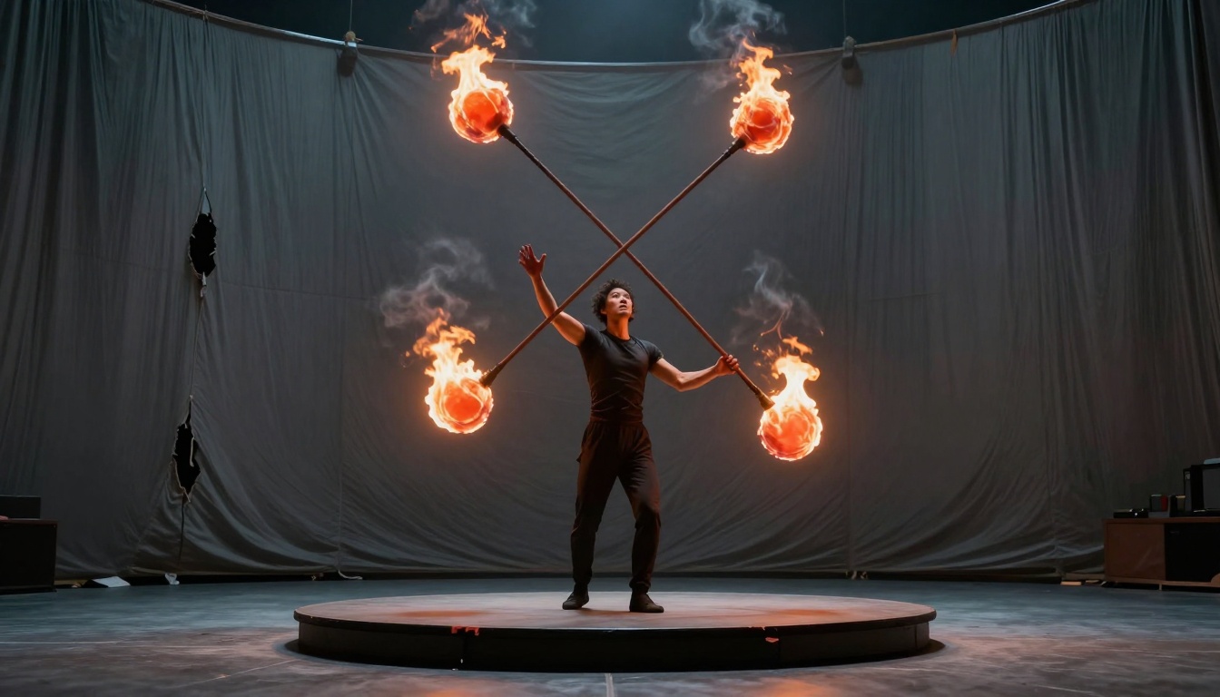 A performer balances a large cross-shaped fire staff with four flaming ends on a circular stage. The background is a dark draped curtain.