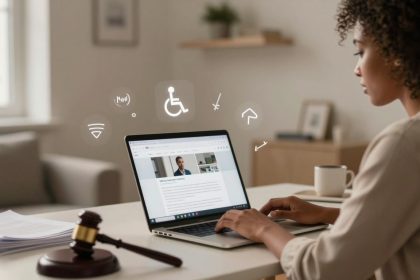 A woman with curly hair works on a laptop at a desk. The screen displays a webpage with a profile picture. A gavel, papers, and a mug are on the desk. Icons for accessibility, Wi-Fi, and home are floating nearby. The setting is a bright, minimal office.
