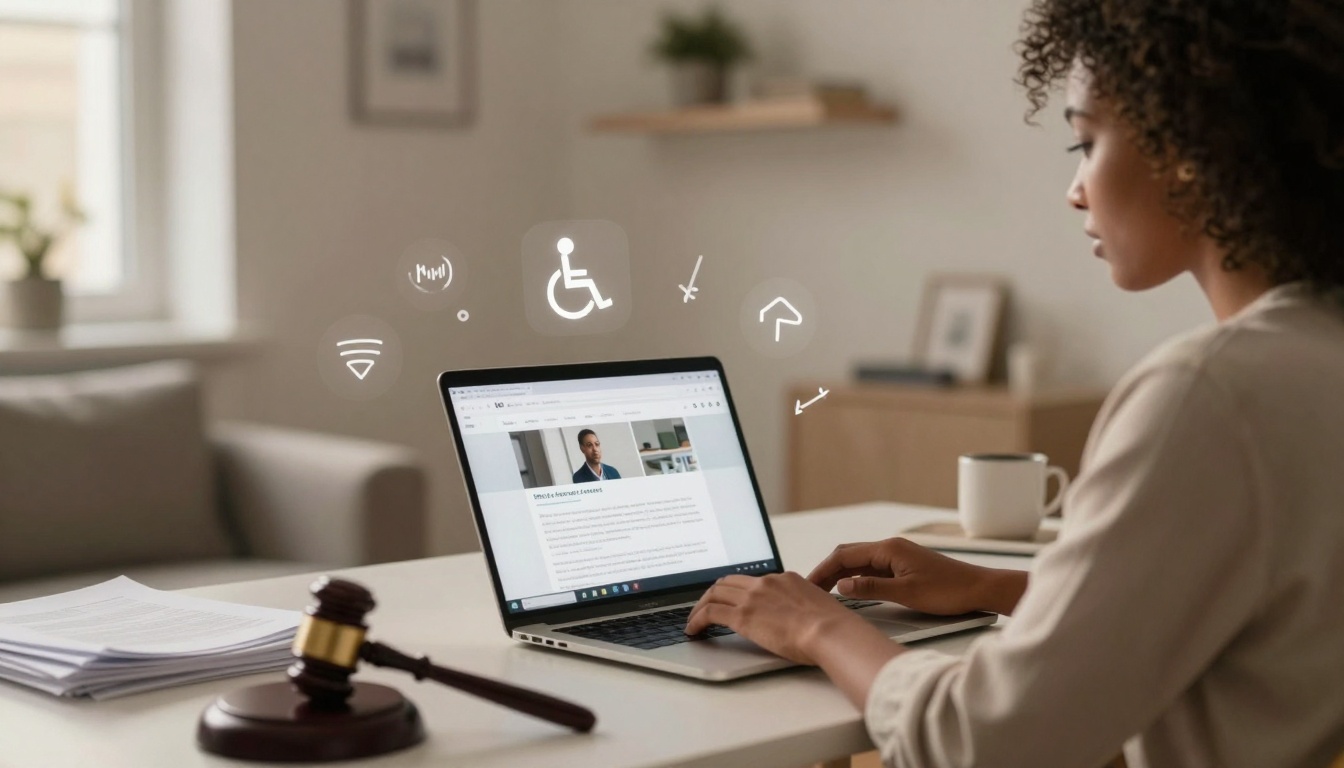 A woman with curly hair works on a laptop at a desk. The screen displays a webpage with a profile picture. A gavel, papers, and a mug are on the desk. Icons for accessibility, Wi-Fi, and home are floating nearby. The setting is a bright, minimal office.