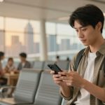 A young man with a backpack uses a smartphone in an airport waiting area. He wears a beige shirt over a white tee. Blurred people and city skyline are visible in the background.