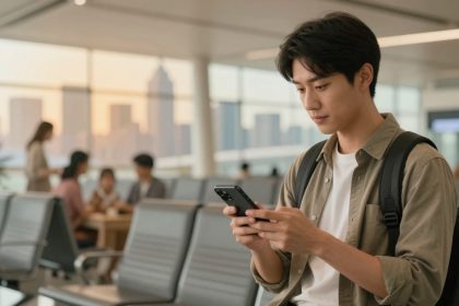 A young man with a backpack uses a smartphone in an airport waiting area. He wears a beige shirt over a white tee. Blurred people and city skyline are visible in the background.