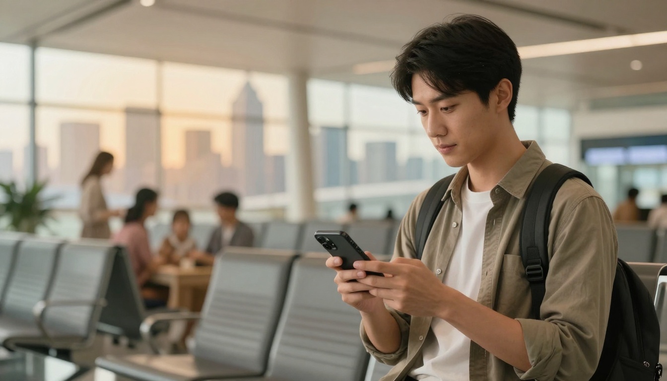 A young man with a backpack uses a smartphone in an airport waiting area. He wears a beige shirt over a white tee. Blurred people and city skyline are visible in the background.