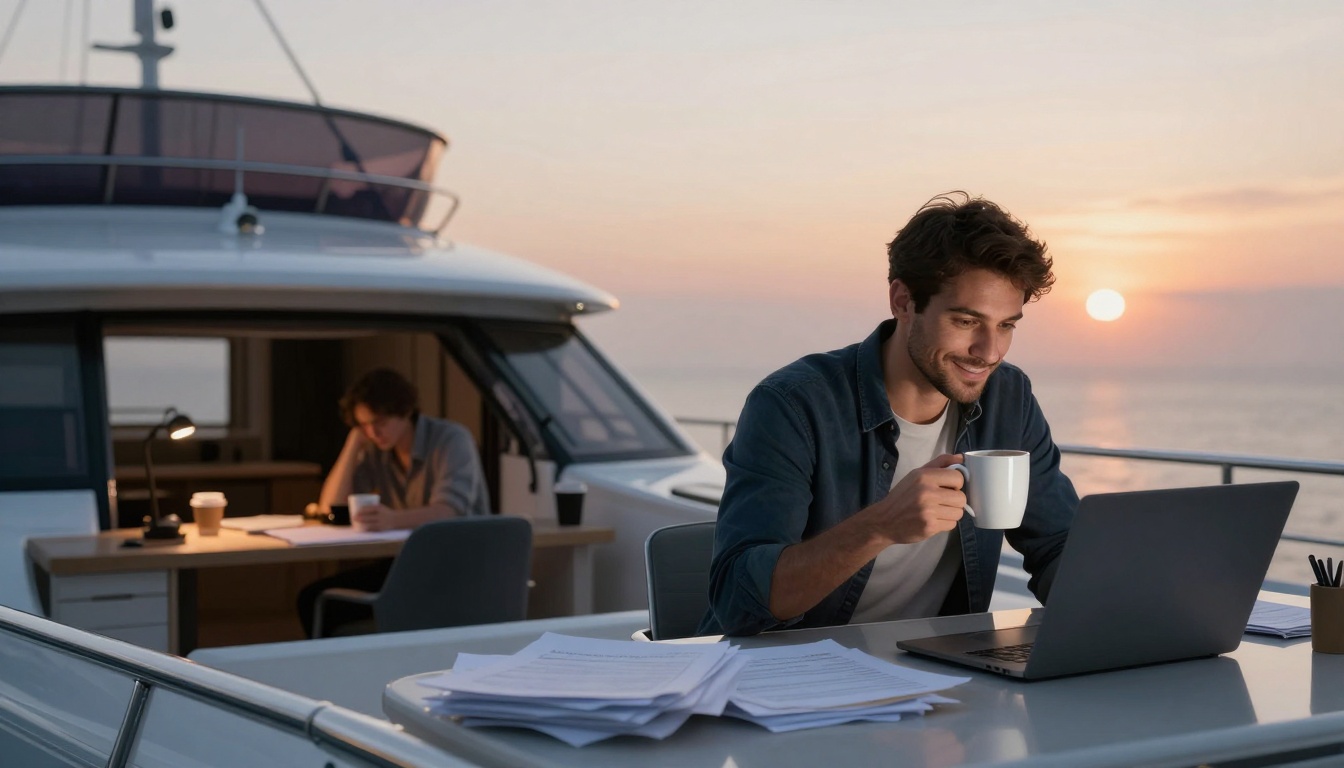A man sitting on a yacht at sunset, holding a mug and smiling at a laptop. Papers are scattered on the table. Another person is visible inside, working at a desk.