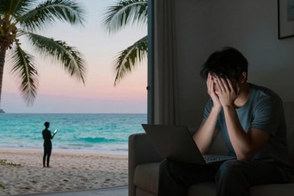 A person sits indoors on a couch, covering their face with their hands, in front of a laptop. Through the window, a beach with palm trees and a person holding a phone is visible, with a colorful sunset in the background.